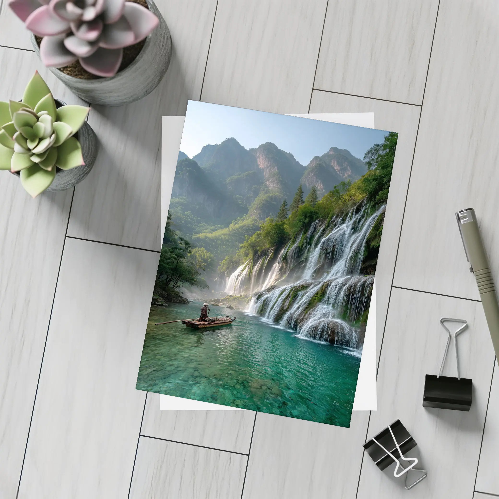 Waterfall Cascade Mountain River Boat Scene – Postcards