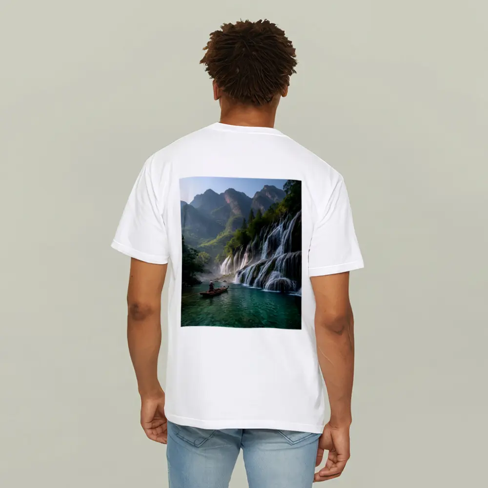 Waterfall Cascade Mountain River Boat Scene – T-Shirts