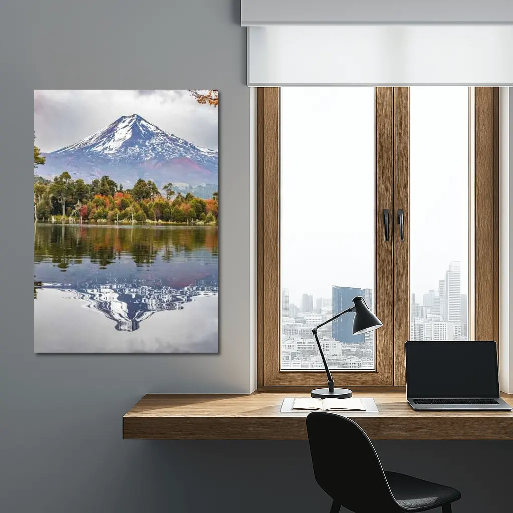 Snow Capped Volcano Reflected In Lake – Wall Art