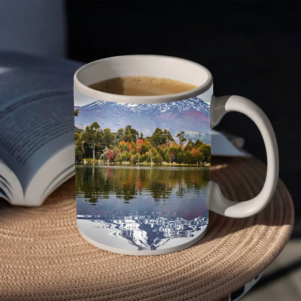 Snow Capped Volcano Reflected In Lake – Mugs
