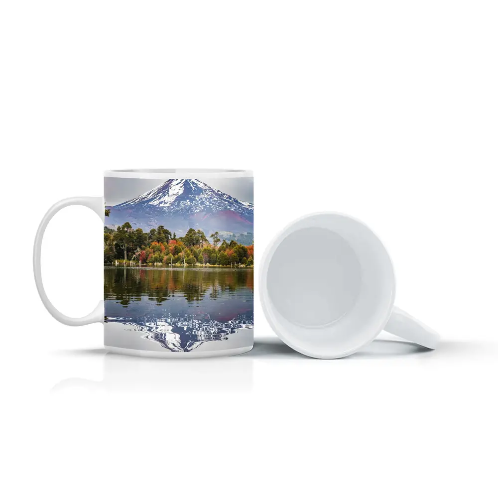 Snow Capped Volcano Reflected In Lake – Mugs