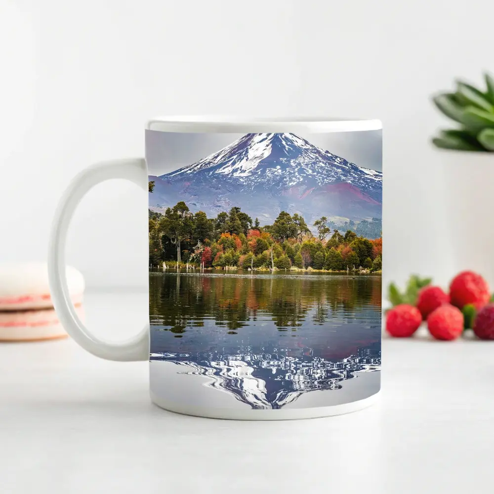 Snow Capped Volcano Reflected In Lake – Mugs