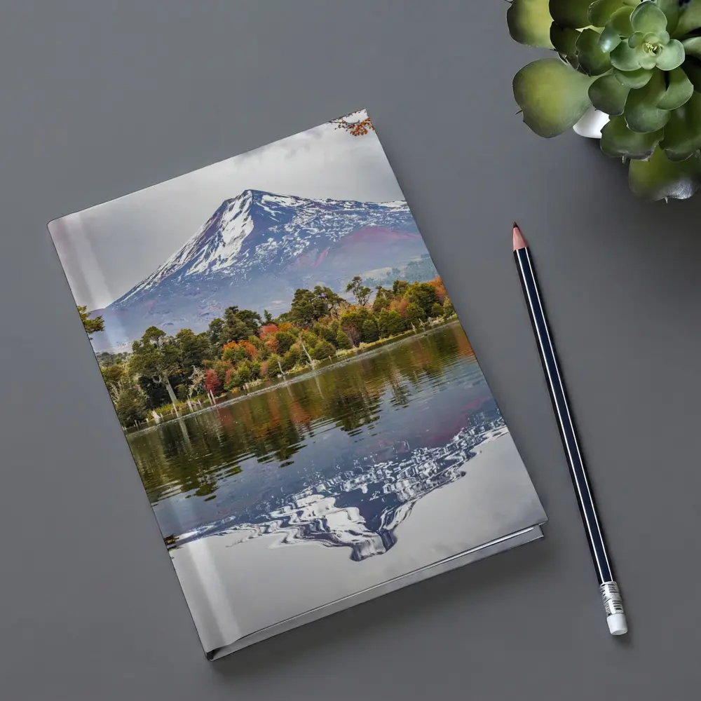 Snow Capped Volcano Reflected In Lake – Notebooks