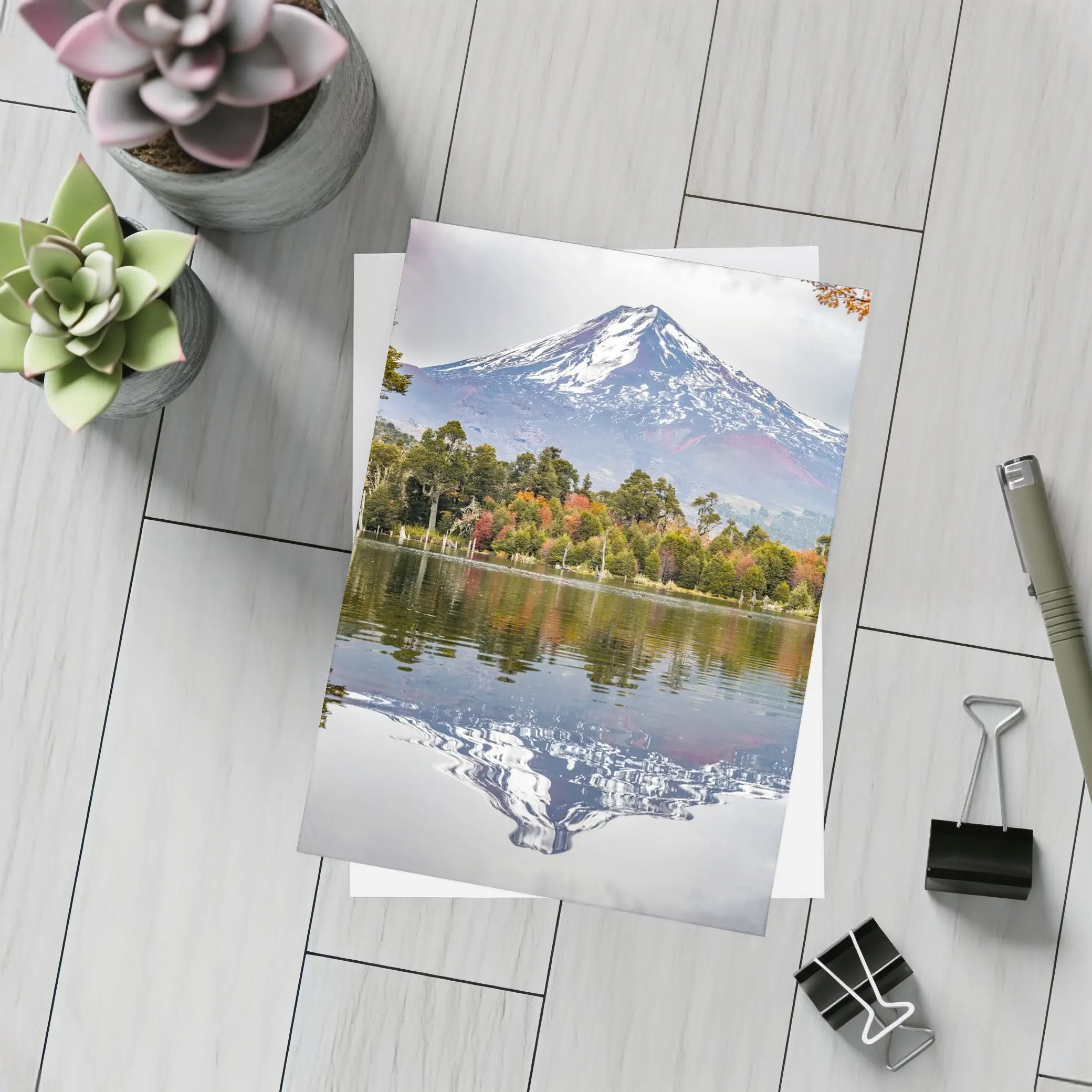 Snow Capped Volcano Reflected In Lake – Postcards