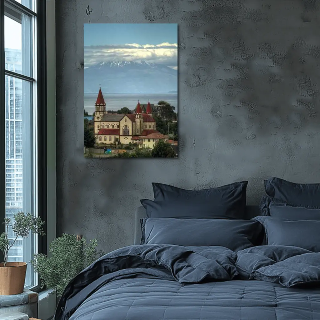 Puerto Montt Church Red Roofs Volcano Lake – Wall Art