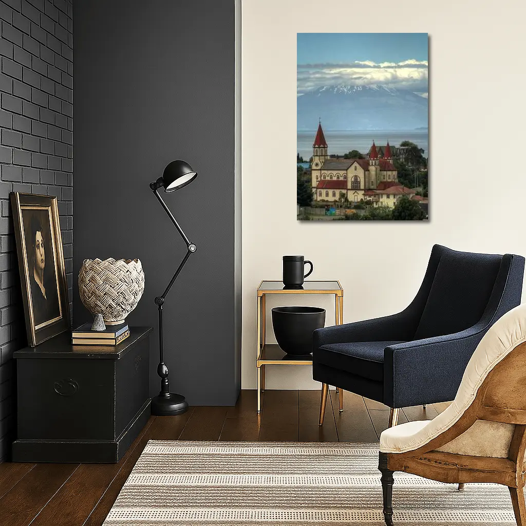 Puerto Montt Church Red Roofs Volcano Lake – Wall Art