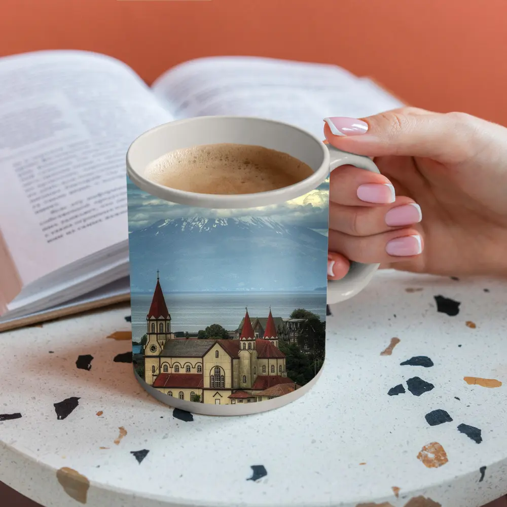 Puerto Montt Church Red Roofs Volcano Lake – Mugs