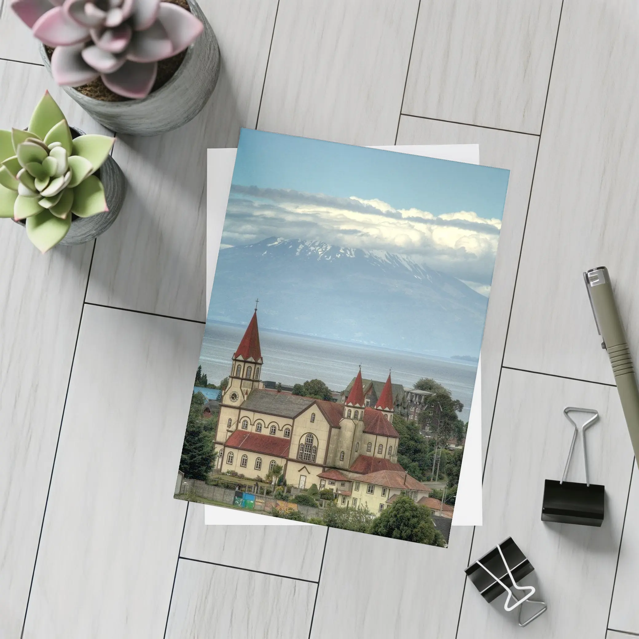Puerto Montt Church Red Roofs Volcano Lake – Postcards