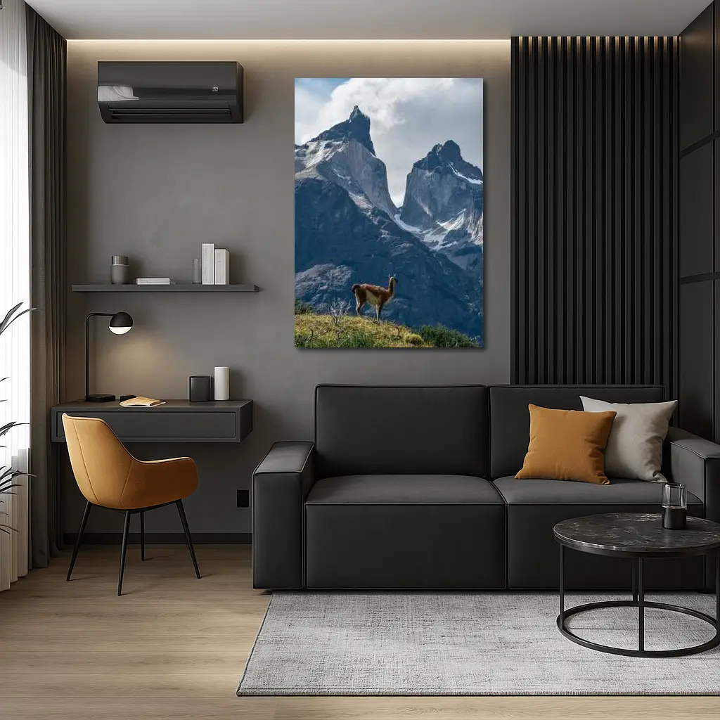 Guanaco Standing Before Patagonian Mountain Peaks – Wall Art