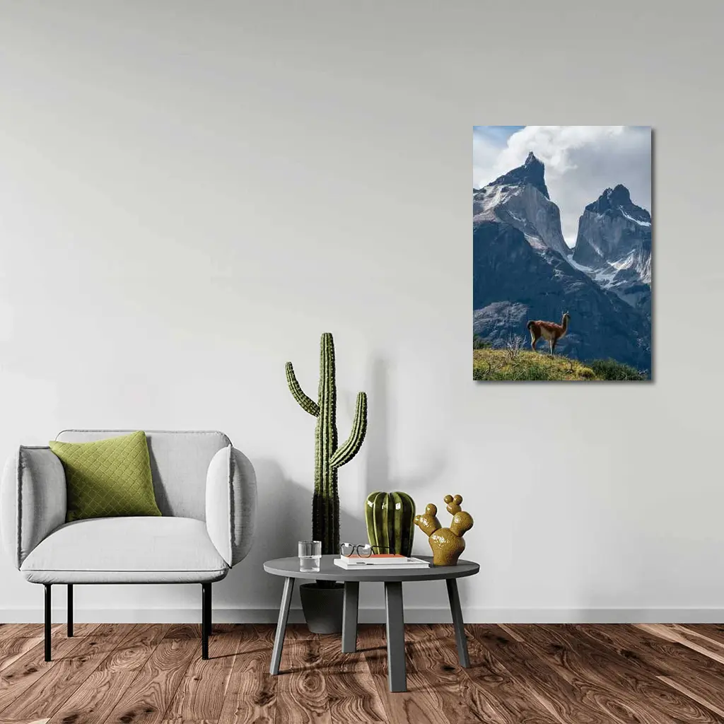 Guanaco Standing Before Patagonian Mountain Peaks – Wall Art