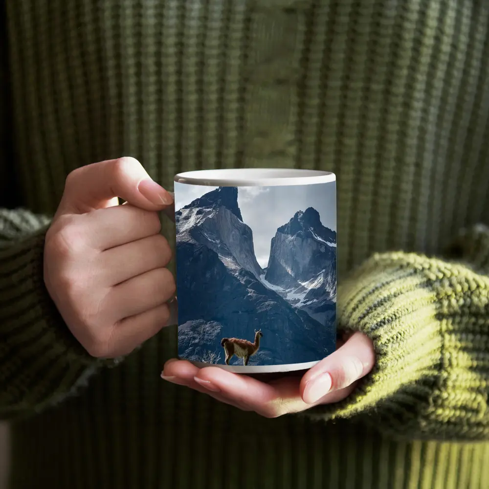 Guanaco Standing Before Patagonian Mountain Peaks – Mugs