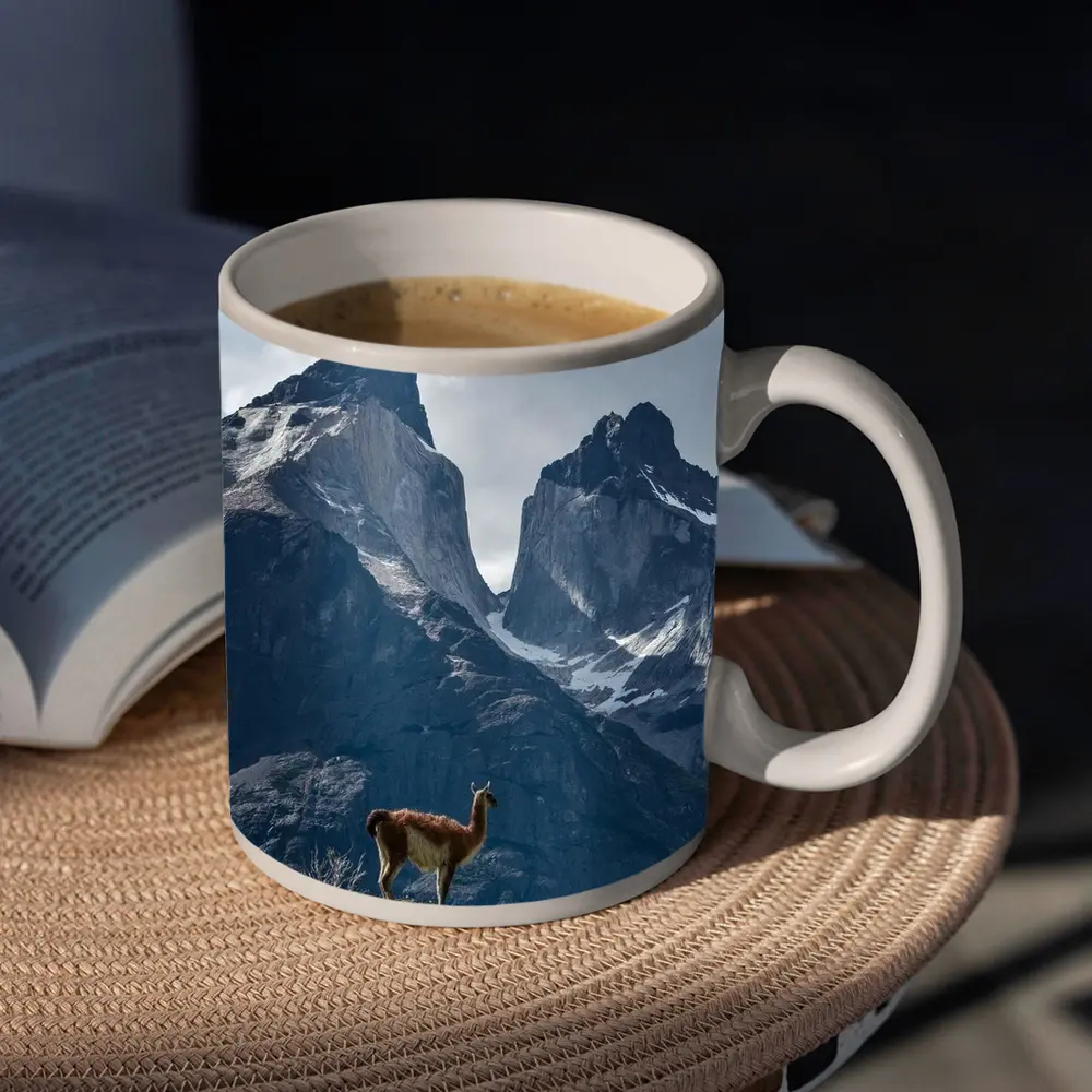 Guanaco Standing Before Patagonian Mountain Peaks – Mugs