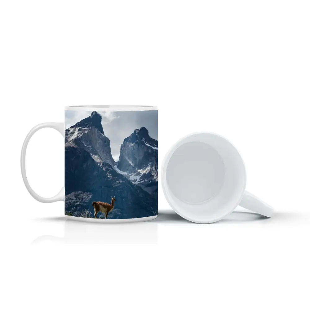 Guanaco Standing Before Patagonian Mountain Peaks – Mugs