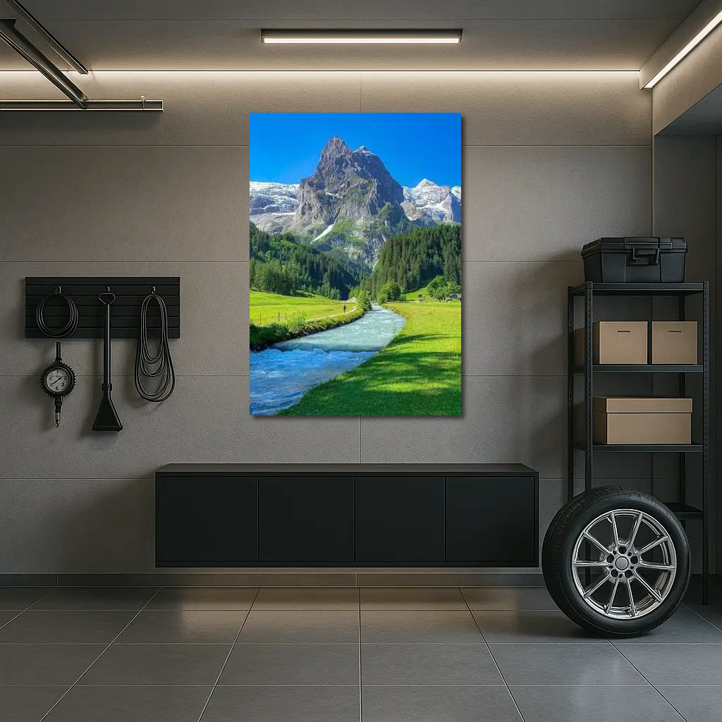 Alpine River Valley Green Mountain Landscape – Wall Art