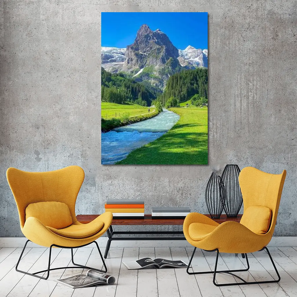 Alpine River Valley Green Mountain Landscape – Wall Art
