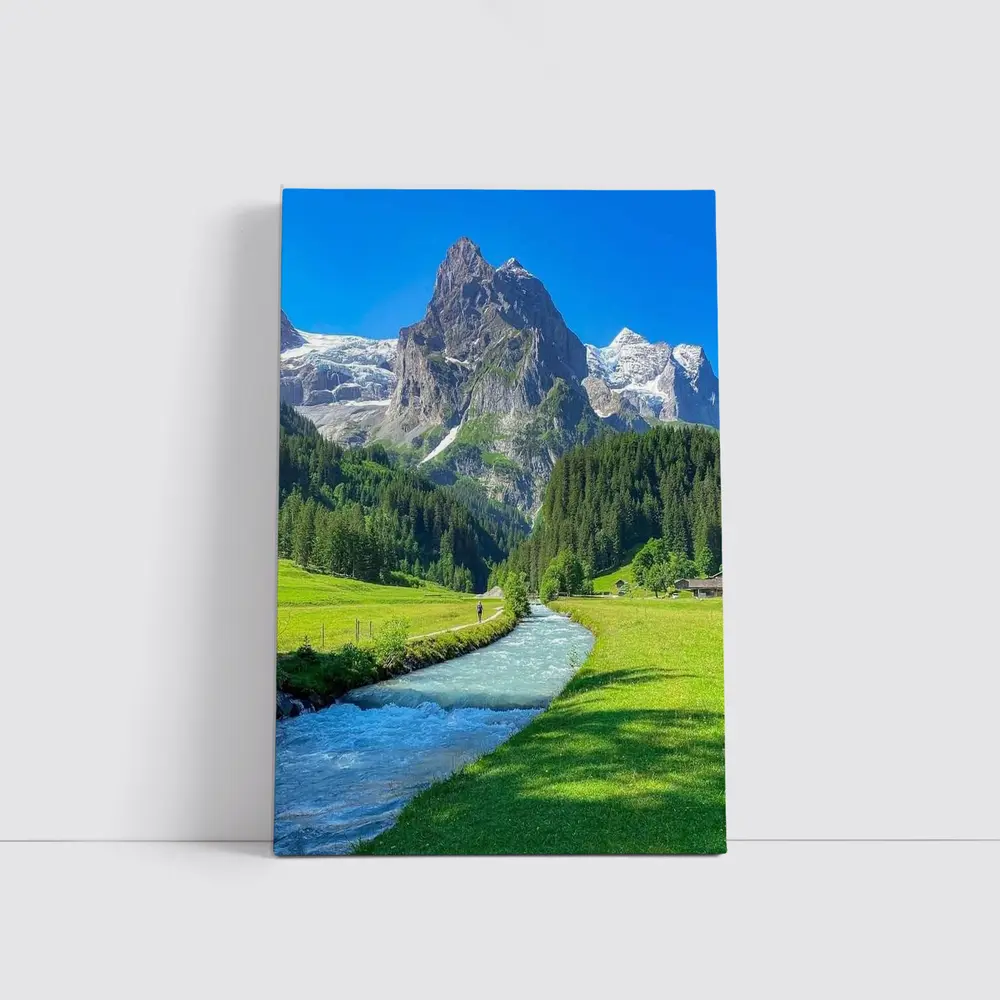 Alpine River Valley Green Mountain Landscape – Wall Art