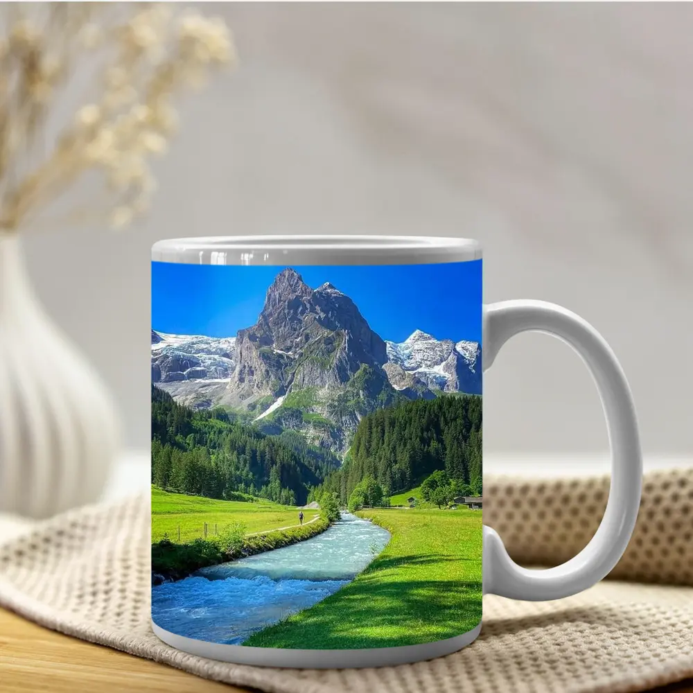 Alpine River Valley Green Mountain Landscape – Mugs