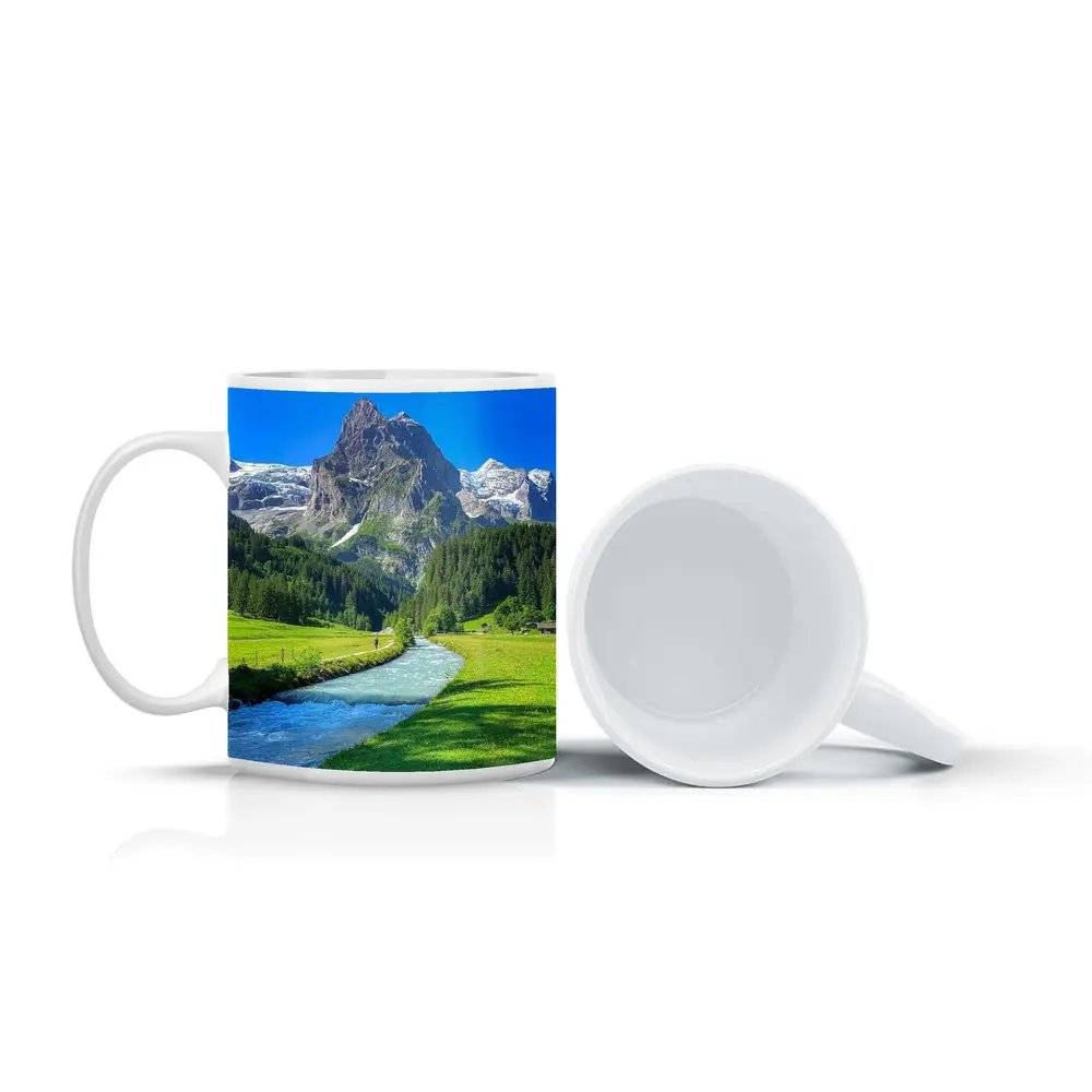Alpine River Valley Green Mountain Landscape – Mugs