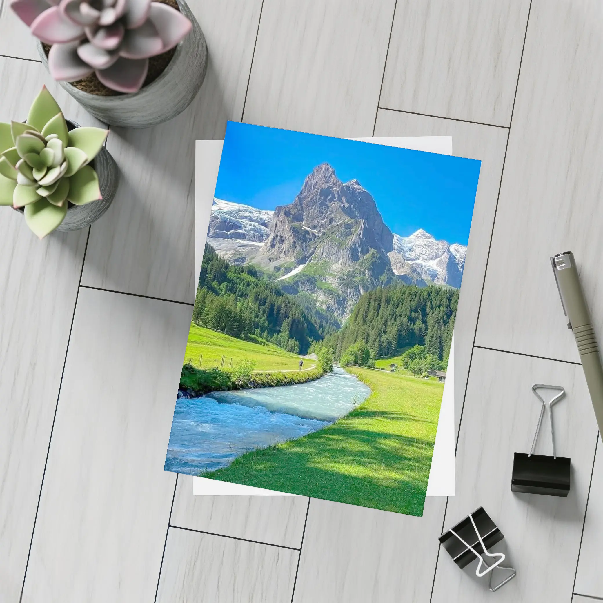 Alpine River Valley Green Mountain Landscape – Postcards