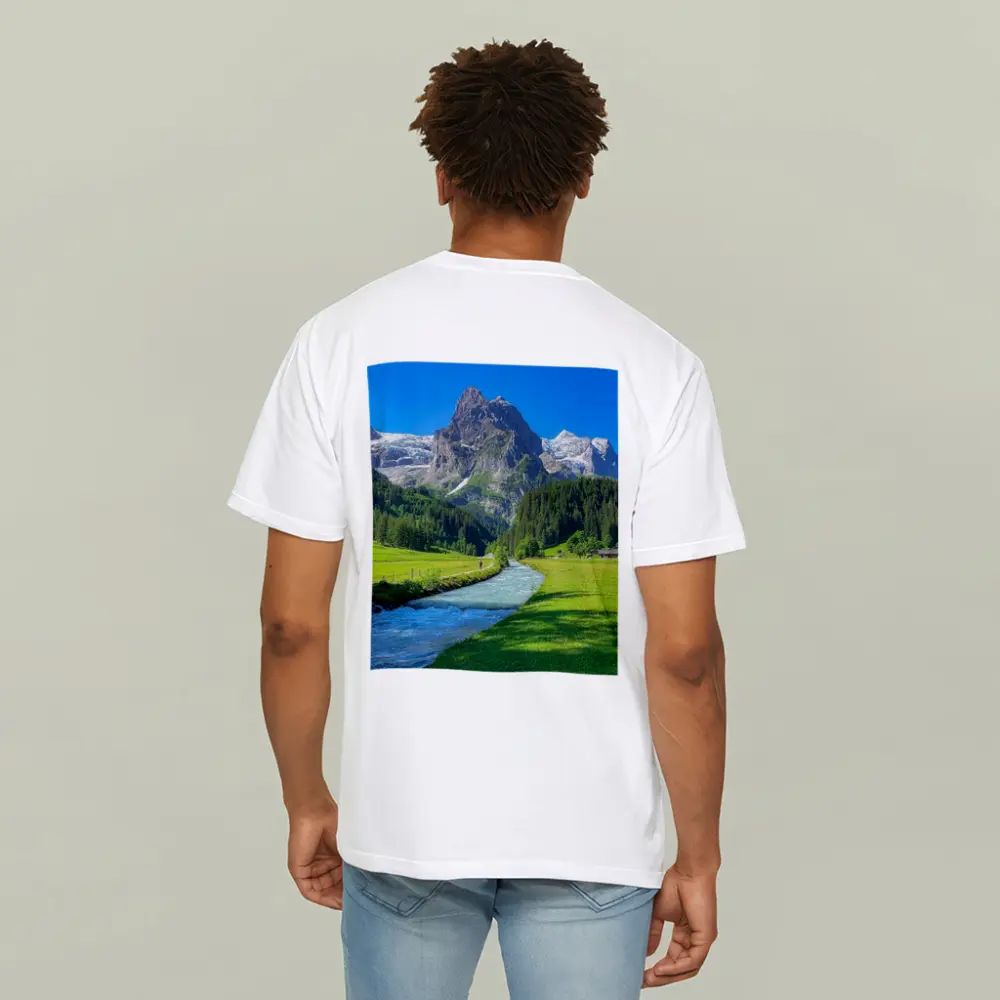 Alpine River Valley Green Mountain Landscape – T-Shirts