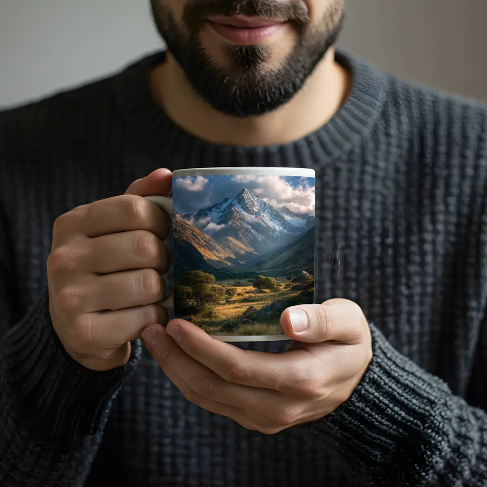 Snow Capped Mountain Valley Green Meadow – Mugs