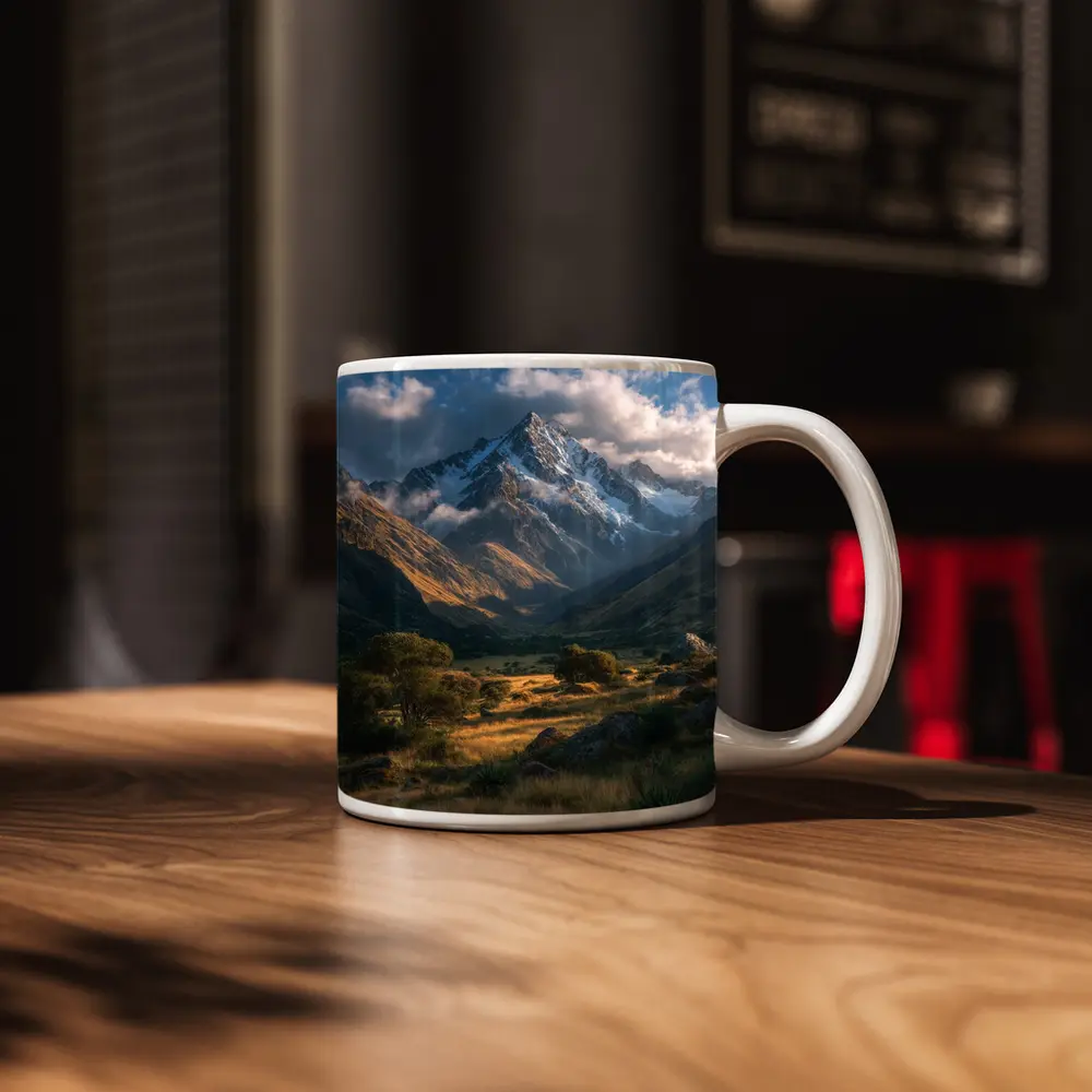 Snow Capped Mountain Valley Green Meadow – Mugs
