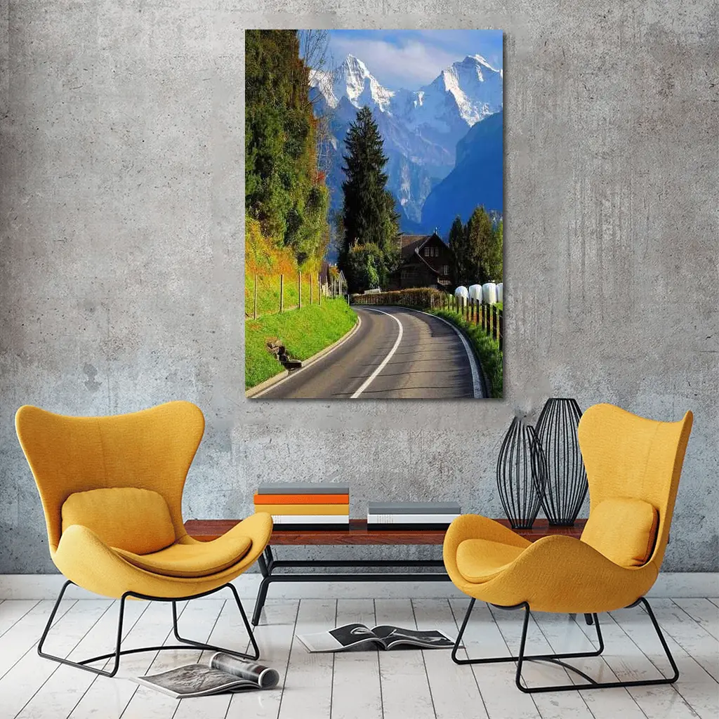 Winding Alpine Road Switzerland Snow Mountains – Wall Art