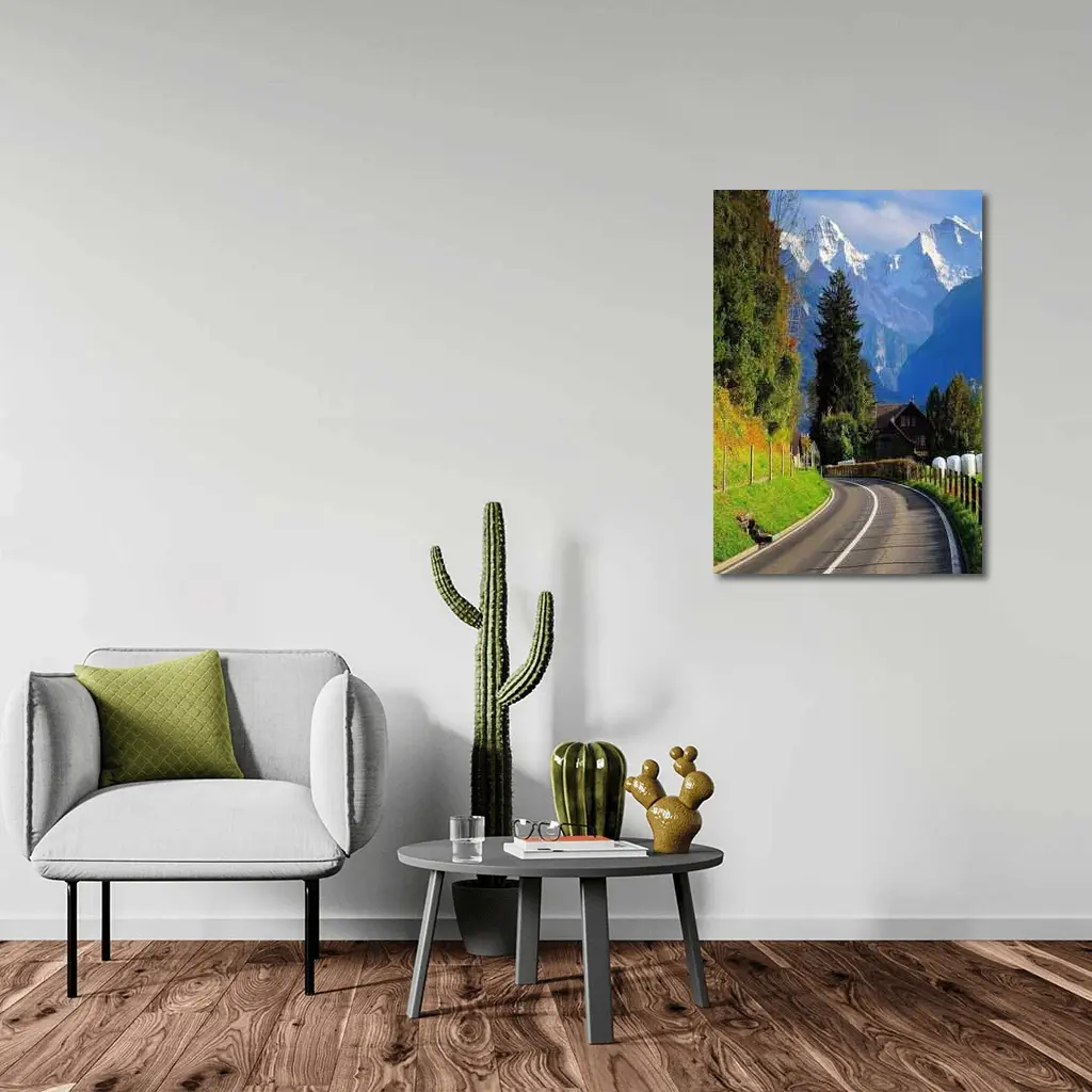 Winding Alpine Road Switzerland Snow Mountains – Wall Art