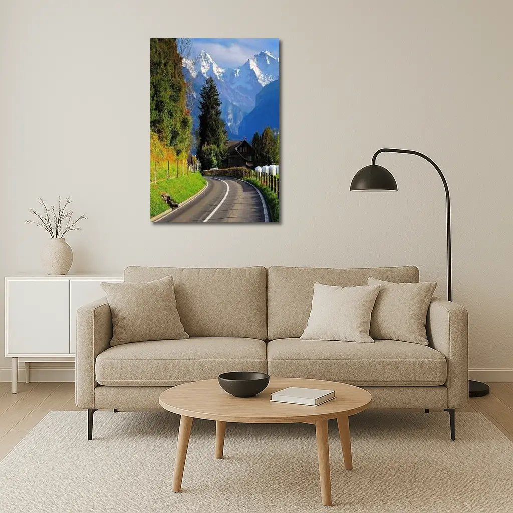 Winding Alpine Road Switzerland Snow Mountains – Wall Art