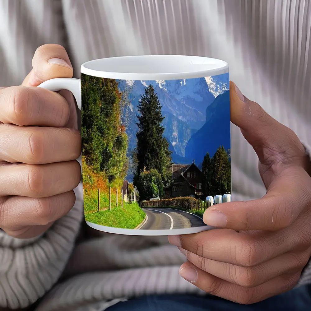 Winding Alpine Road Switzerland Snow Mountains – Mugs