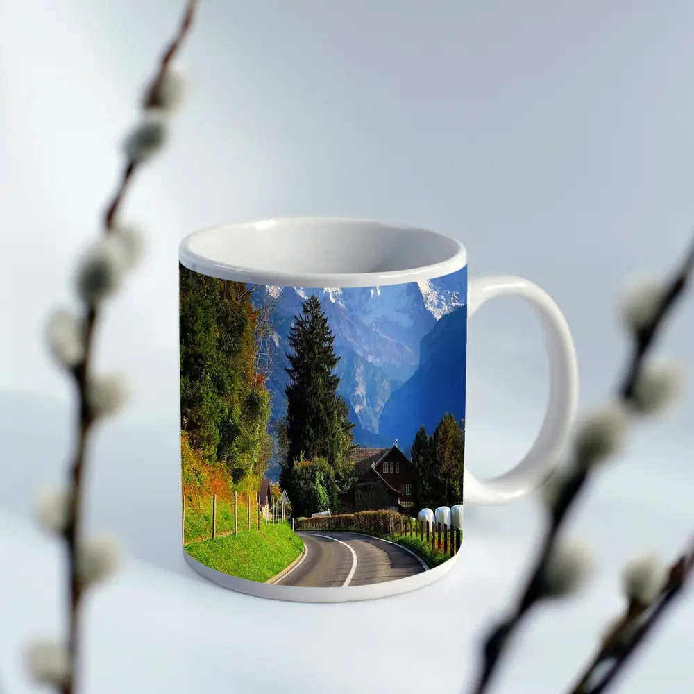 Winding Alpine Road Switzerland Snow Mountains – Mugs