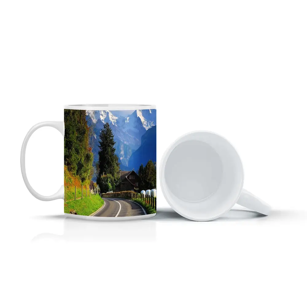 Winding Alpine Road Switzerland Snow Mountains – Mugs