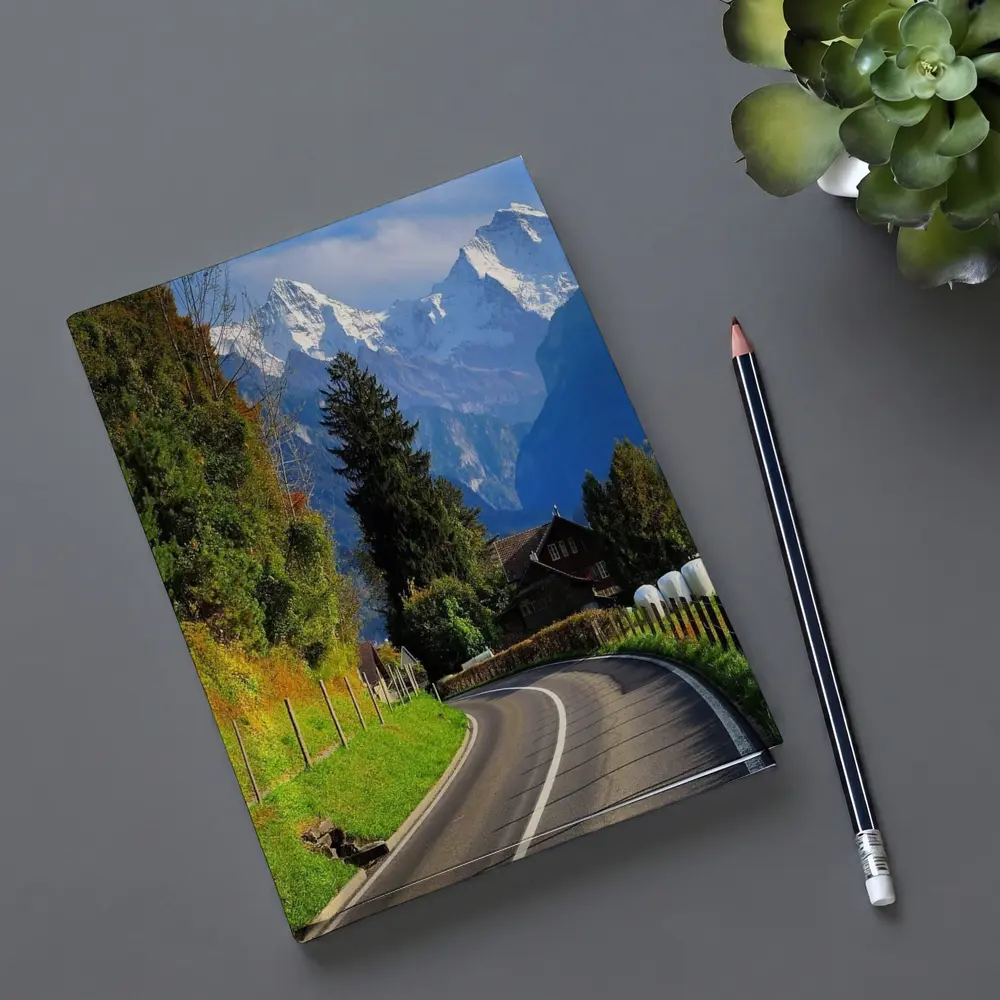 Winding Alpine Road Switzerland Snow Mountains – Notebooks