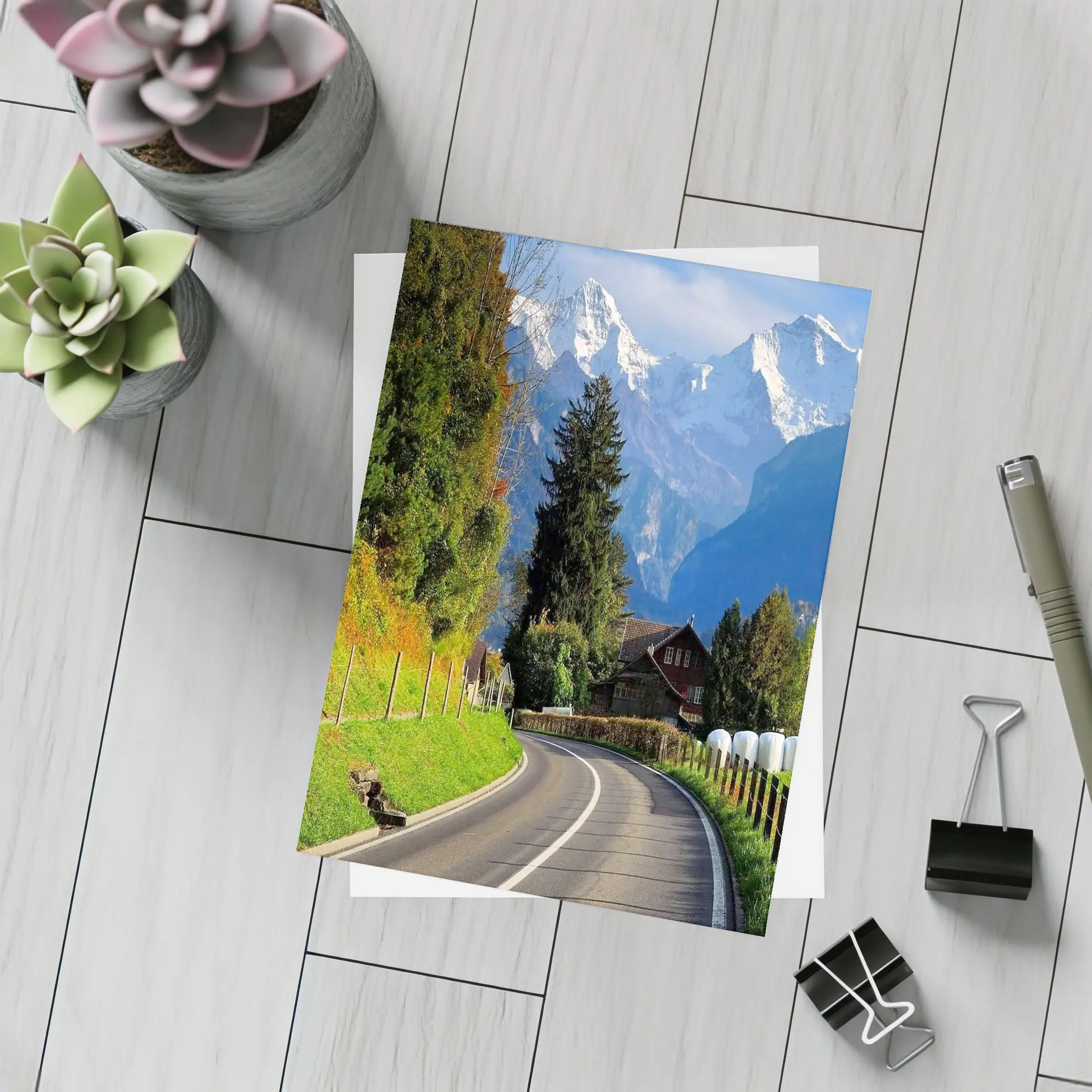Winding Alpine Road Switzerland Snow Mountains – Postcards