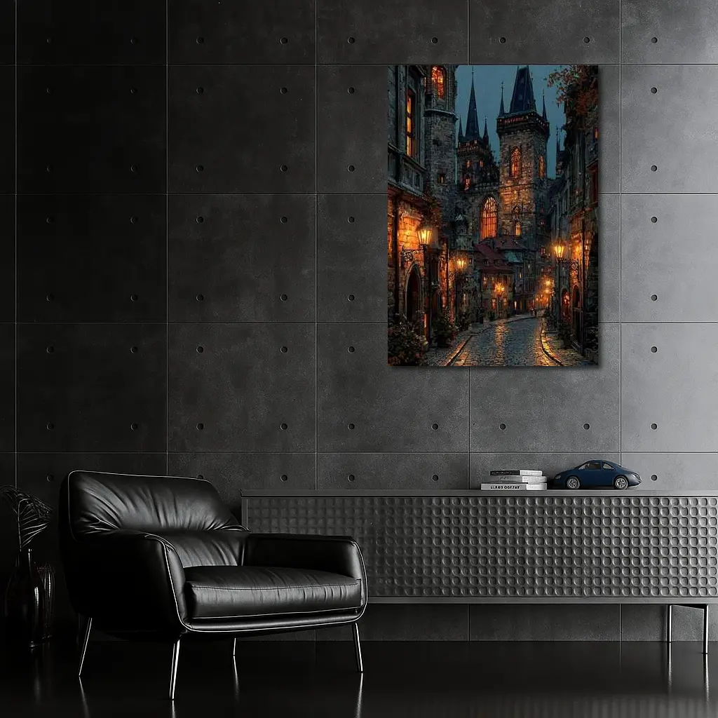 Prague Old Town Gothic Night Street Scene – Wall Art