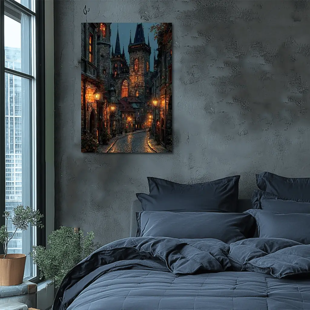 Prague Old Town Gothic Night Street Scene – Wall Art