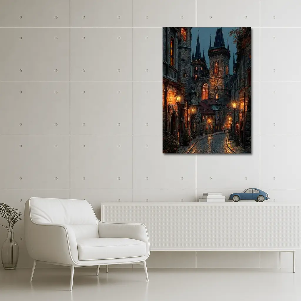 Prague Old Town Gothic Night Street Scene – Wall Art