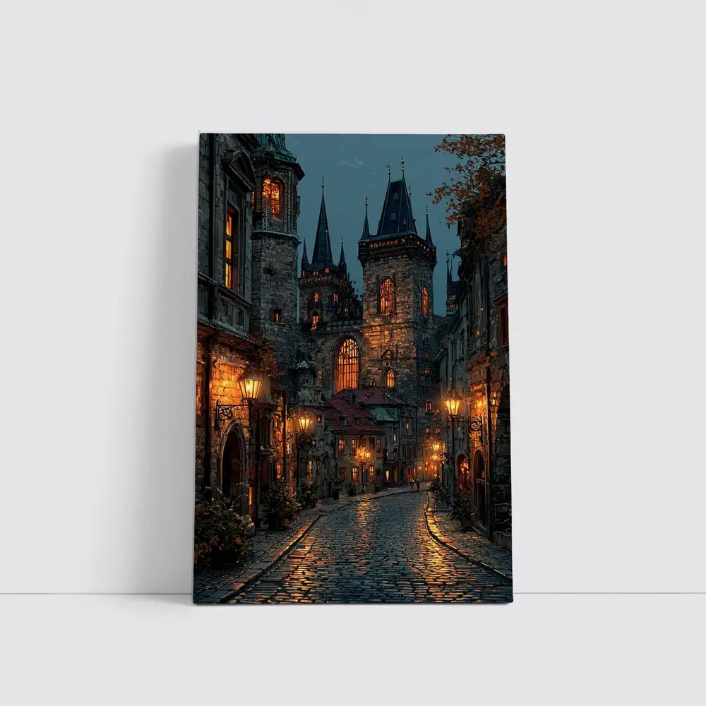 Prague Old Town Gothic Night Street Scene – Wall Art