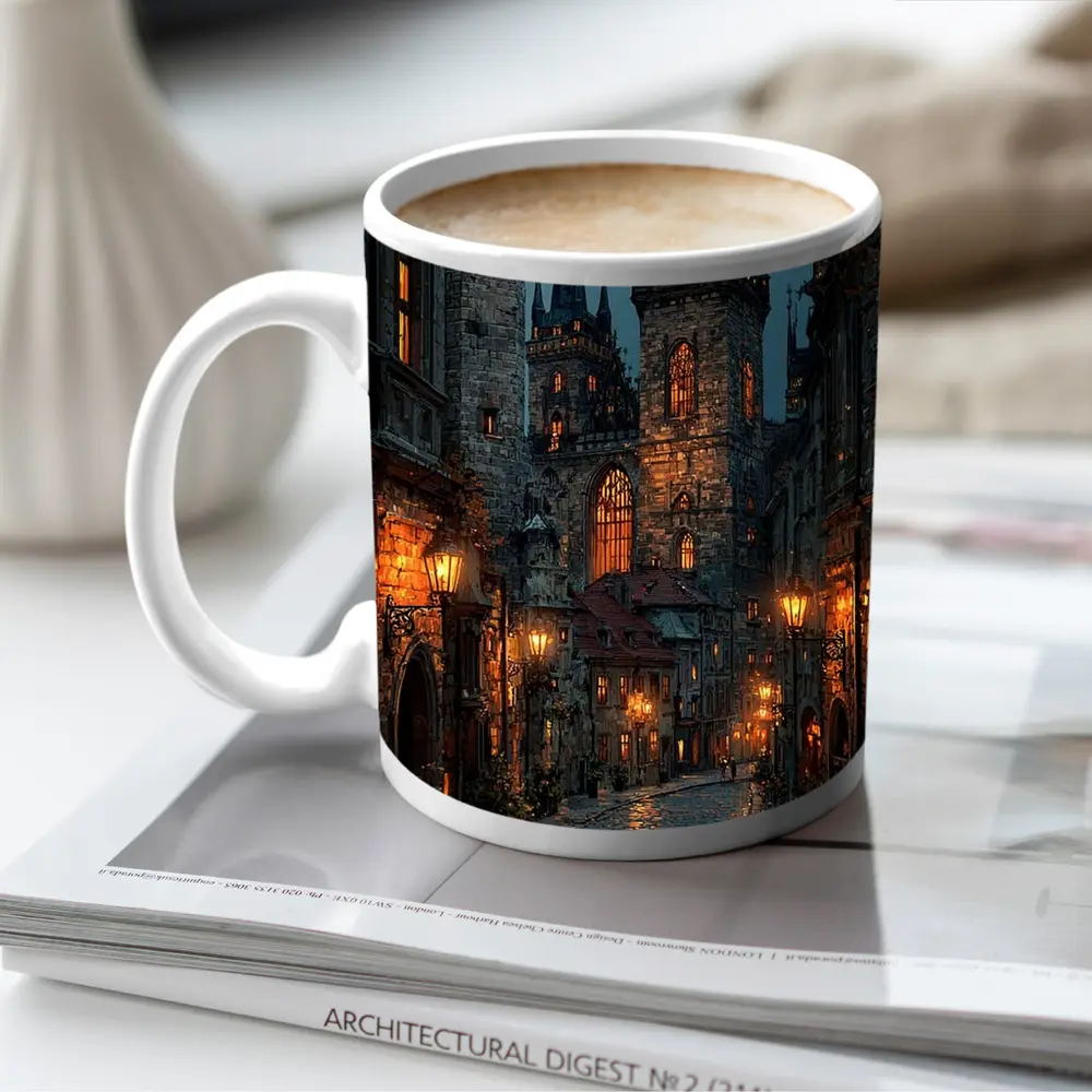 Prague Old Town Gothic Night Street Scene – Mugs