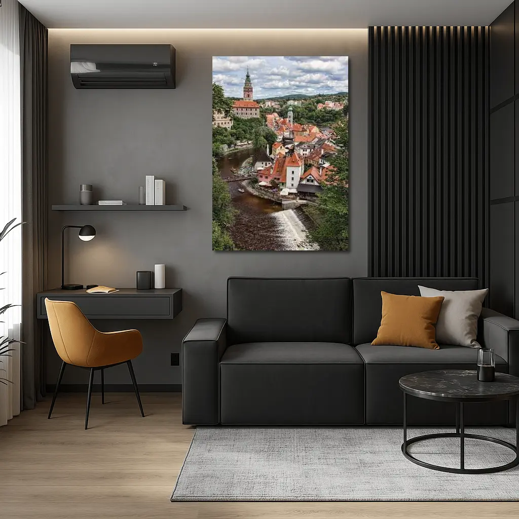 Cesky Krumlov Old Town River Aerial View – Wall Art