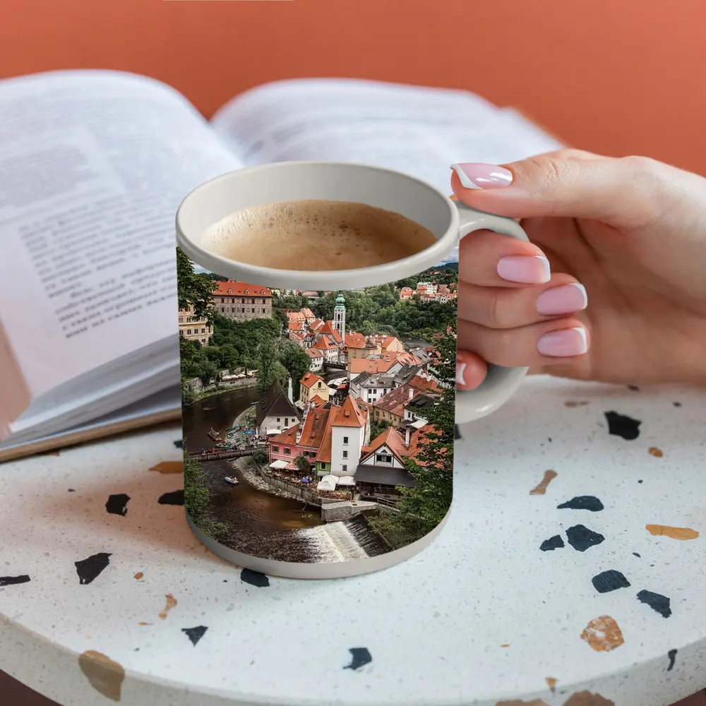 Cesky Krumlov Old Town River Aerial View – Mugs