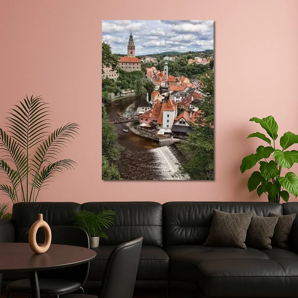 Cesky Krumlov Old Town River Aerial View – Wall Art