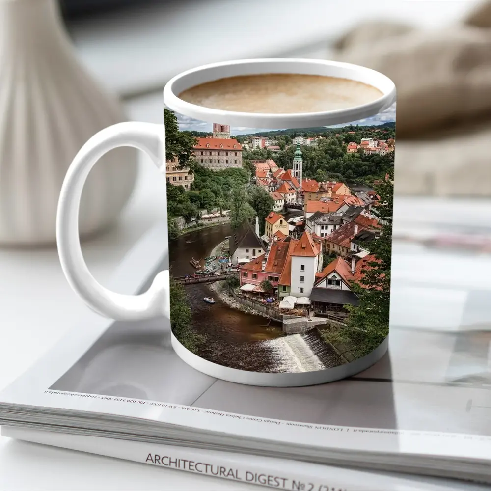 Cesky Krumlov Old Town River Aerial View – Mugs