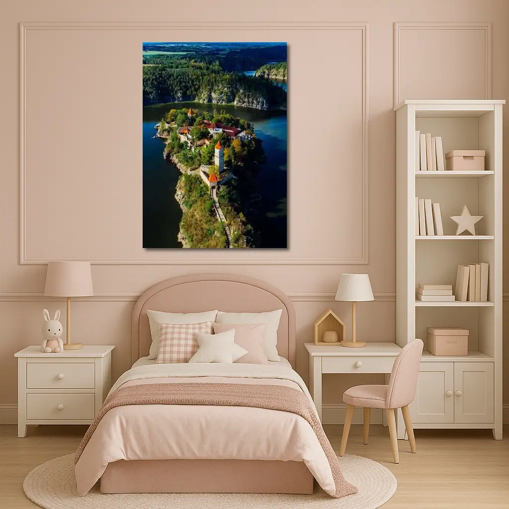Medieval Castle Island Surrounded By Blue Lake – Wall Art