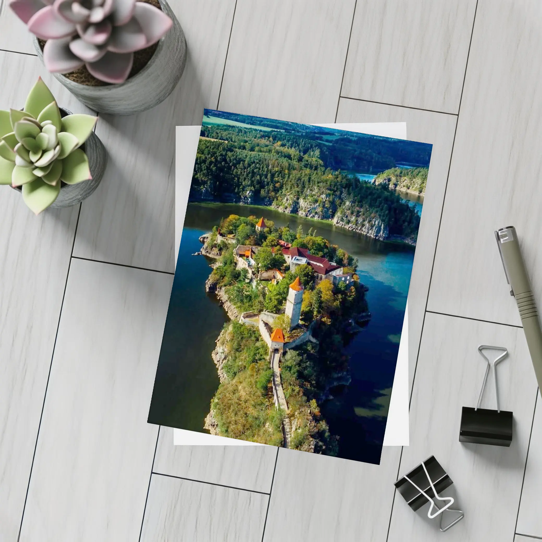 Medieval Castle Island Surrounded By Blue Lake – Postcards