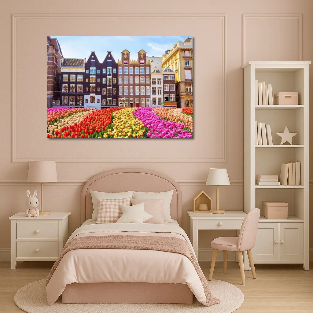 Amsterdam Canal Houses With Colorful Tulips – Wall Art