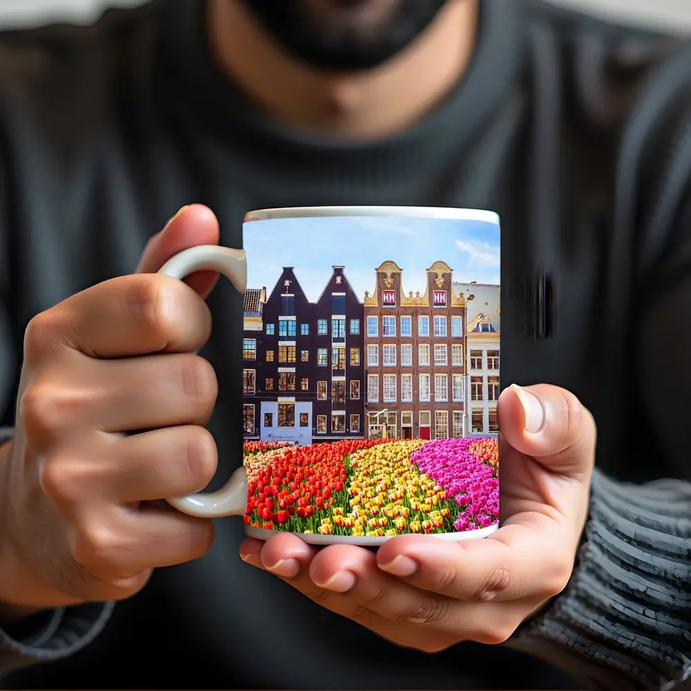 Amsterdam Canal Houses With Colorful Tulips – Mugs
