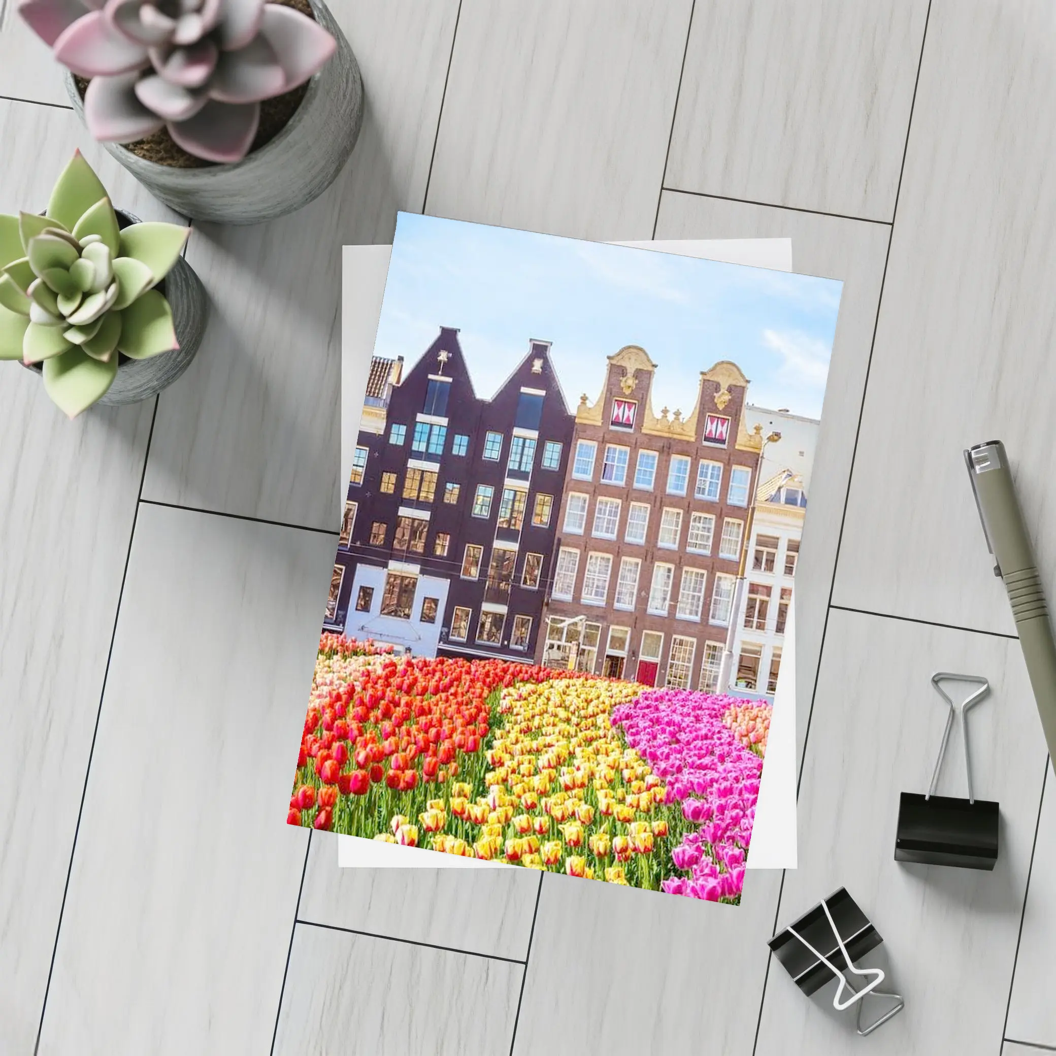 Amsterdam Canal Houses With Colorful Tulips – Postcards