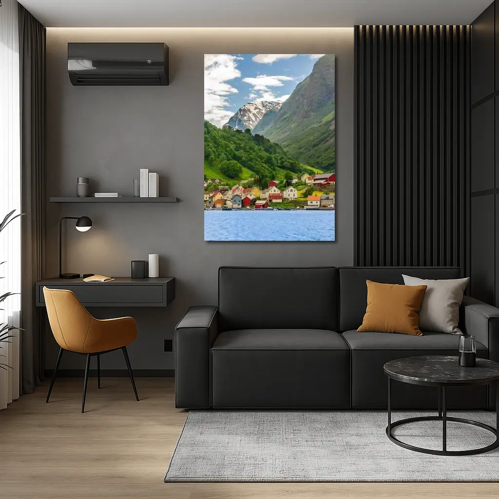 Norwegian Fjord Village Green Mountain Landscape – Wall Art