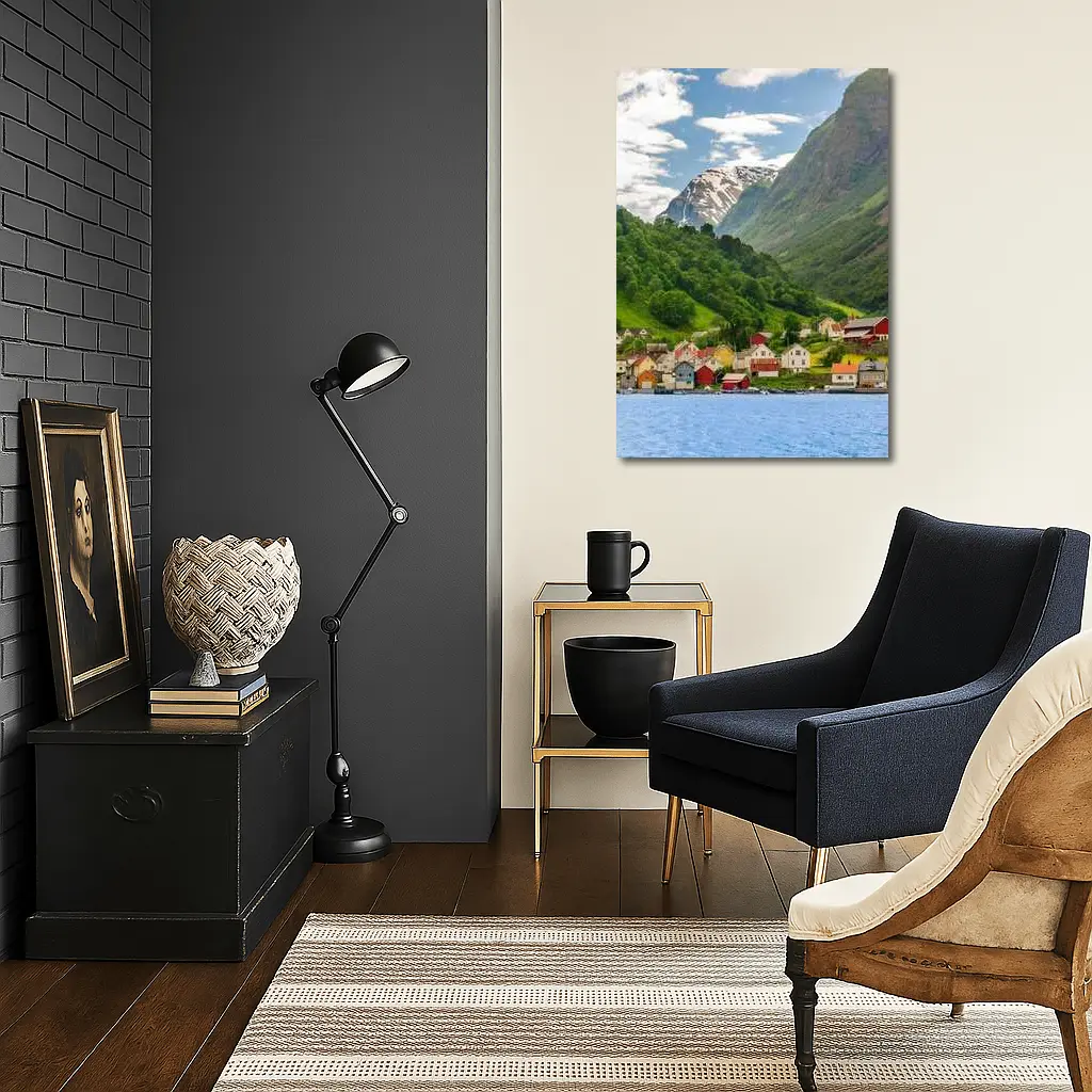Norwegian Fjord Village Green Mountain Landscape – Wall Art